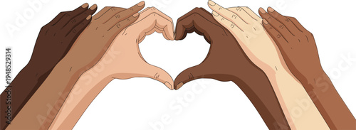 Diverse multiethnic hands forming a heart shape vector illustration representing unity, love, and racial equality isolated on white background, perfect for community posters, social justice themes, an