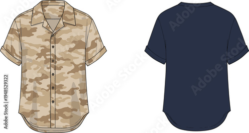  Short sleeve button-up camouflage and plain back shirt, front and back technical flat sketch for fashion design template and apparel use.flat vector illustration