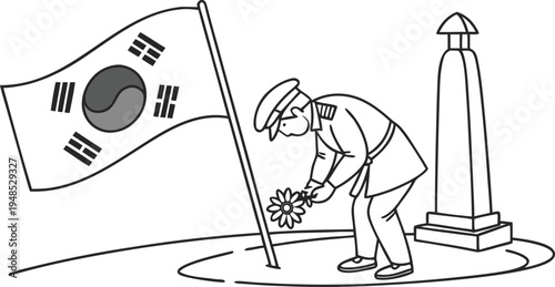 South korea memorial day remembrance concept with soldier placing flowers flag