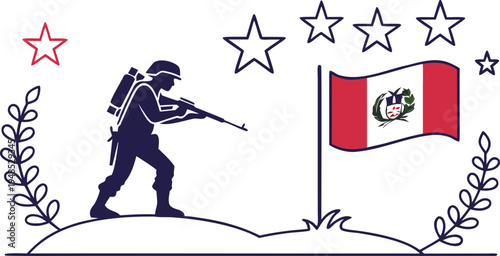 Peru flag soldier silhouette with stars and laurel wreaths patriotic battle of arica