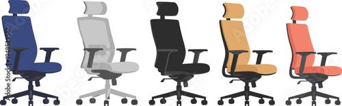 Modern ergonomic office chair collection in multiple colors with headrest and armrests isolated on white background for workspace design and corporate furniture catalogs