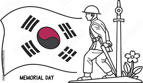 South korea memorial day with soldier flag and flowers