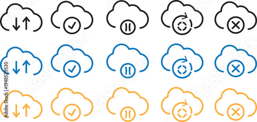 Minimal cloud computing line icons set, professional upload and download symbols, editable stroke vector illustration, minimalist technology design elements with editable stroke.
