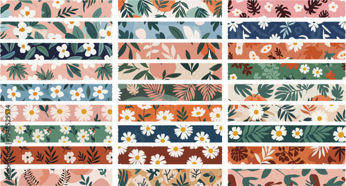 Large collection of floral washi tape strips with daisy patterns and tropical leaf designs isolated on white background for digital scrapbooking and journaling