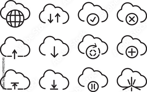 Minimal cloud computing line icons set, professional upload and download symbols, editable stroke vector illustration, minimalist technology design elements with editable stroke.
