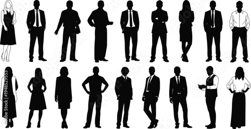 Set of business people silhouettes featuring professional men and women in corporate suits and office attire standing in various confident poses for vector design.