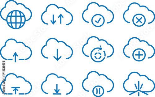 Minimal cloud computing line icons set, professional upload and download symbols, editable stroke vector illustration, minimalist technology design elements with editable stroke.
