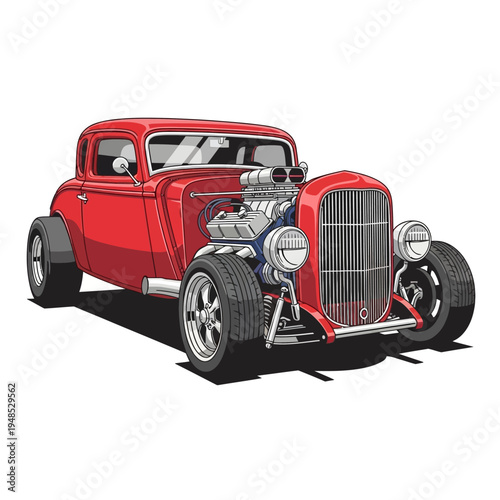 Vintage Red Hot Rod Car with Exposed Engine and Chrome Details