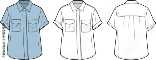Short sleeve button-up shirt technical flat with front flap pockets, collar detail, back yoke, fashion sketch, vector template design

 flat vector illustration