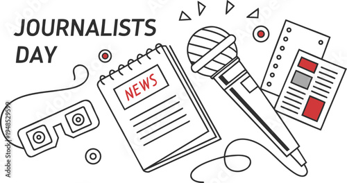Journalists day commemorative with press tools and news media symbols microphone