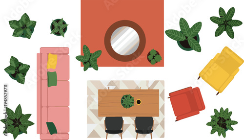 Top view of a modern living room floor plan featuring a pink sofa, yellow armchair, wooden dining table with chairs, rugs, and indoor plants.