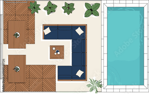 Top view of a modern luxury backyard patio with a blue swimming pool, wooden deck dining areas, a navy blue sectional sofa, and tropical plants.