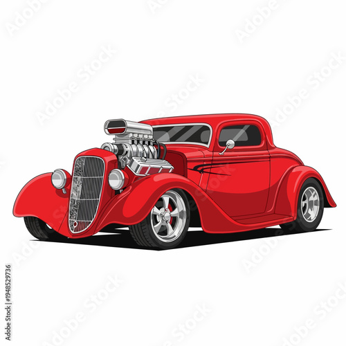 Vintage Red Hot Rod Coupe with Supercharger - Classic American Muscle Car