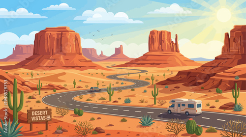 Sunny Desert Landscape with Red Rock Mountains, Cactus and Winding Road Vector Illustration
