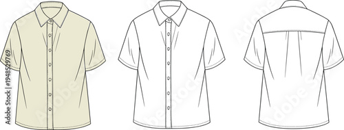 Short sleeve button up shirt flat sketch, front and back view, fashion technical drawing, apparel design template, vector clothing illustration

 flat vector illustration