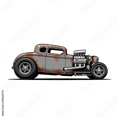 Vintage Rusty Hot Rod Car with Exposed Engine, Classic American Muscle