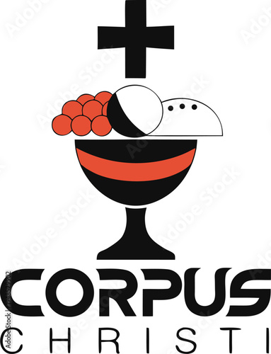 Corpus christi catholic celebration with cross chalice bread and grapes