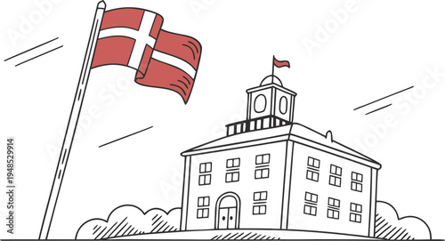 Denmark constitution day with flag and school building danish flag