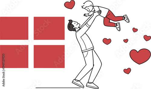 Father lifting child surrounded by hearts and danish flag
