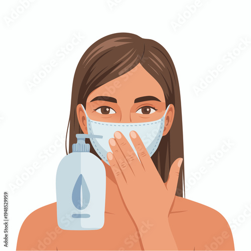 Woman wearing face mask with hand sanitizer.