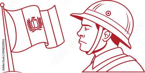 Peru soldier wearing helmet looking at flag with emblem