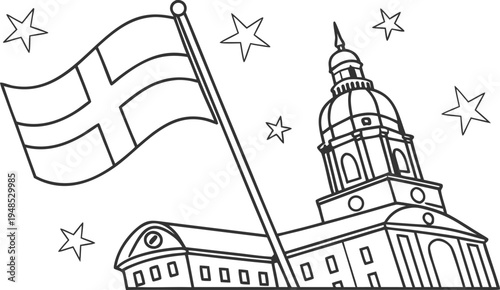 Swedish flag waving in front of stockholm city hall building with stars sweden national day