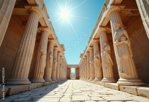 Ancient Greek Temple Iconic Marble Columns Majestic Blue Sky Brilliant Landscape