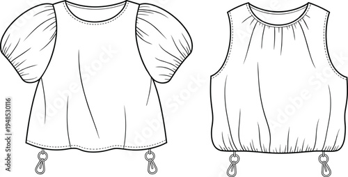 Short puff sleeve blouse and sleeveless gathered blouse technical flat sketch front view with drawstring hem detail, fashion CAD vector illustration