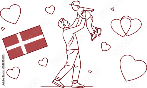 Red line of a danish father and child with hearts and flag denmark