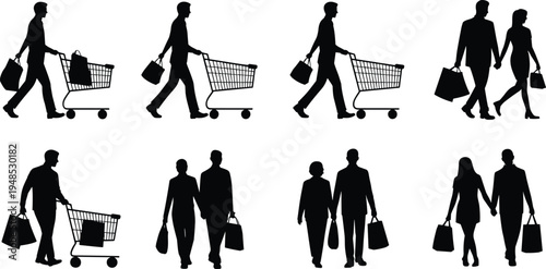 Shopping, retail, buyers, consumers, silhouettes, people, pushing, carts, carrying, bags, couples, walking, market, store, purchase, sale, commerce, lifestyle, black, icons