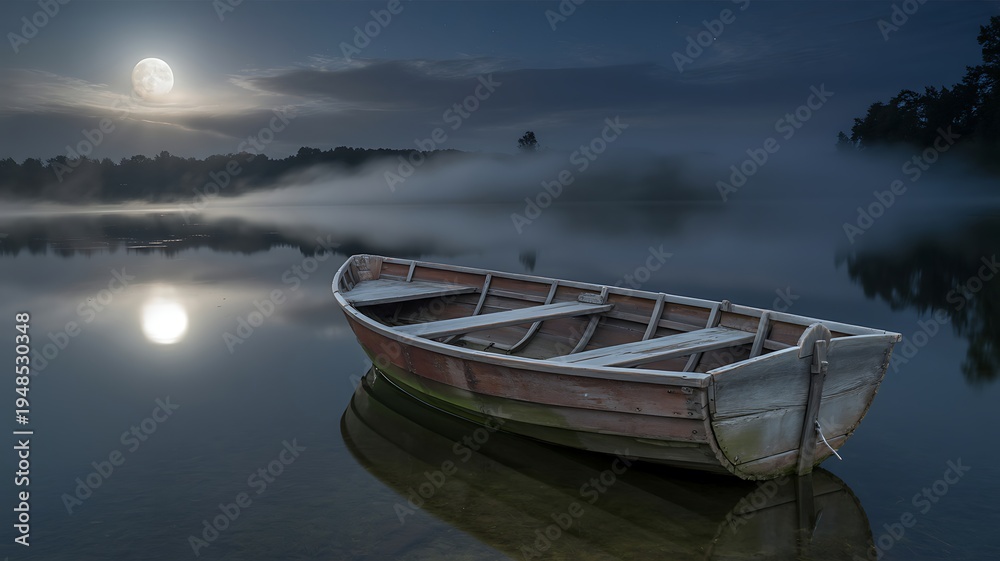 Obraz premium Old wooden rowboat reflecting full moon on a tranquil misty lake at night