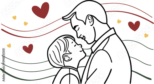 Father and child faces touching surrounded by hearts