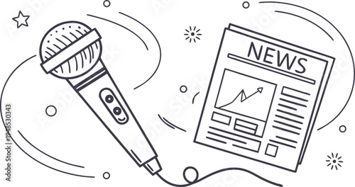 Black and white of microphone and newspaper with news headline journalism