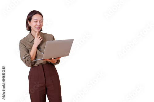 Asian businesswoman thinking and smiling while analyzing data on laptop, representing remote work and professional success on transparent background