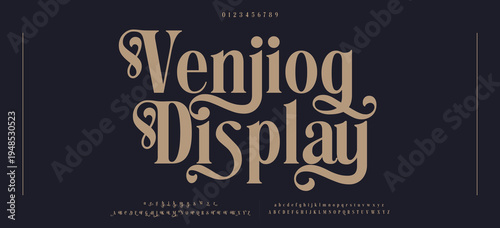 Venjiog Display Elegant Font Uppercase Lowercase And Number. Classic Lettering Minimal Fashion Designs. Typography modern serif fonts regular decorative vintage concept. vector illustration