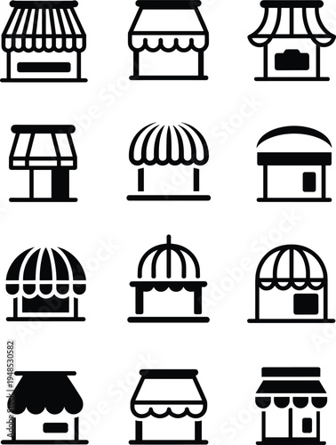 Shopfront icons set, market stalls, retail stores, boutique facades, awning designs, commercial buildings, shopping kiosks, marketplace stands for business, trade, commerce design