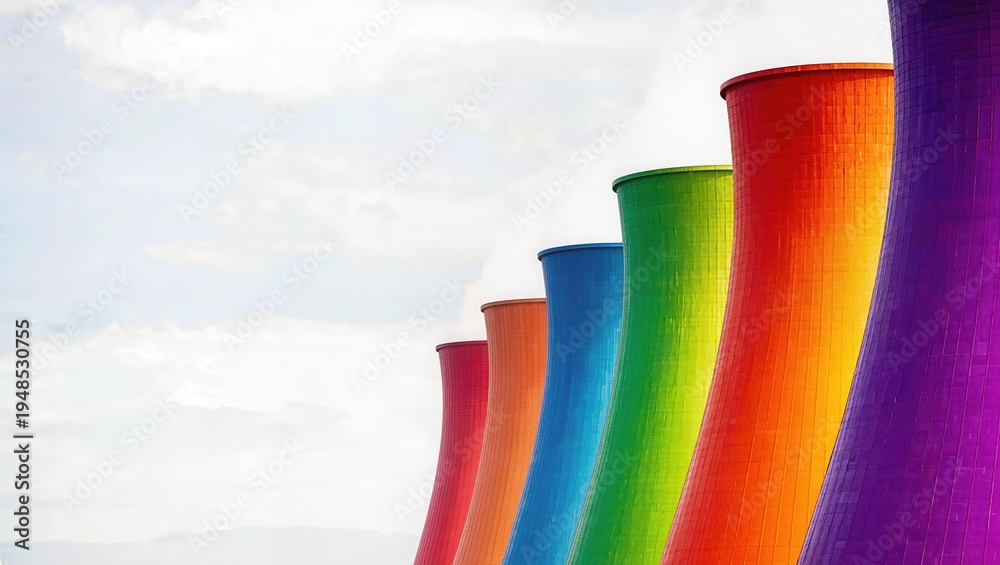 Obraz premium Colorful chimneys of a district heating plant (CHP), symbolizing urban renewal and social diversity. Creative art on industrial architecture.