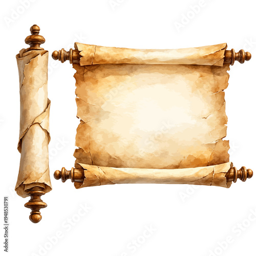 A watercolor vector of a vintage parchment scroll for antique document designs, medieval manuscript themes, and historical message illustrations.