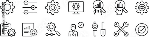 settings icons, configuration symbols, data analysis signs, system tools pictograms, IT diagnostics vector set, black and white UI pack, flat vector