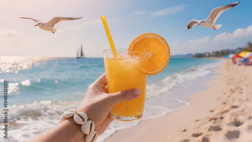 Fototapeta premium A woman's hand holding a glass of fresh orange juice on a beautiful sunny beach with the sea in the background. Relaxing summer vacation, healthy lifestyle, tropical travel concept.