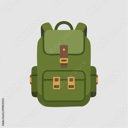 A green backpack with brown buckles.