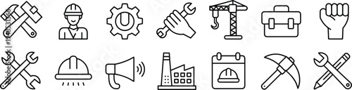 Construction industry icons, worker helmet, hammer tools, wrench gear, factory building, crane machine, toolbox, engineering design, labor power, industrial development illustration