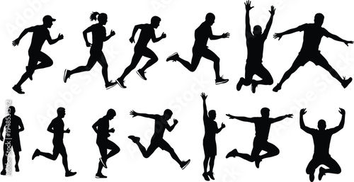 Silhouettes of people running and jumping in various poses