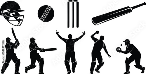 Cricket equipment and players silhouette