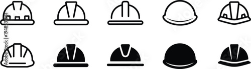 Construction safety helmet icons, worker hard hat symbols, industrial protection equipment vector, engineering safety gear illustration, building site protective headwear design