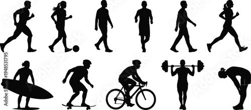Silhouette icons of people engaging in various sports and fitness activities