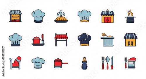 A collection of colorful flat design icons representing various kitchen items, cooking tools, restaurant elements, and culinary symbols.
