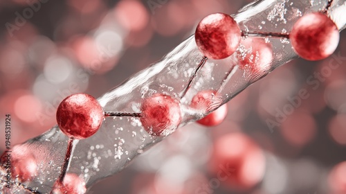 Molecular structure featuring connected spheres encased within a transparent, fluid-filled conduit