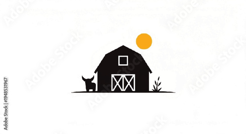 A minimalist black barn with a cow and sun on a white background.