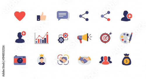 A comprehensive collection of flat design icons representing social media, business, marketing, and collaboration concepts.